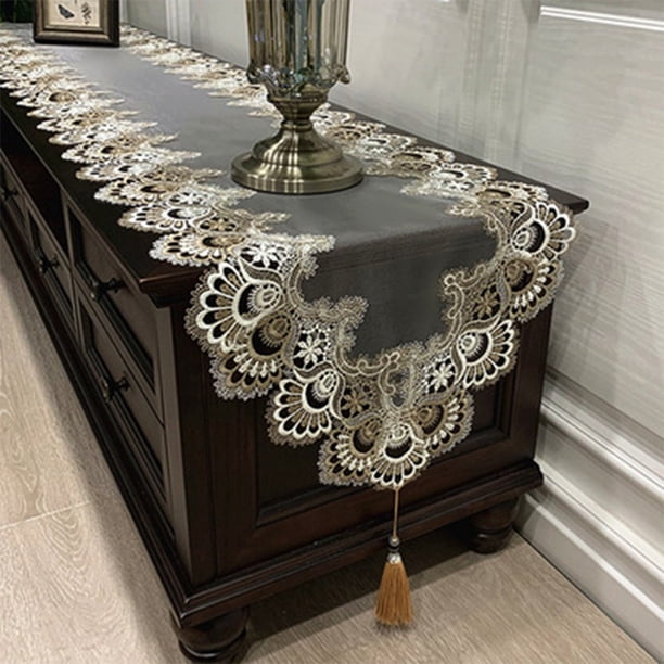 KDJ Oval Lace Table Runner Embroidered Flower Tablecloth Decorative Cover for TV Cabinet Dresser with Tassels Anti-Slip Polyester 40*180cm B