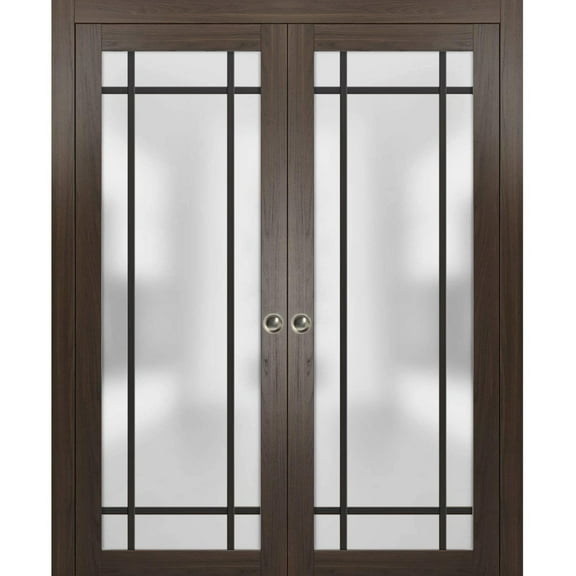 Sliding French Double Pocket Doors 36 x 80 inches | Planum 2112 Chocolate Ash Frosted Glass | Kit Trims Rail Hardware | Solid Wood Interior Bedroom Sturdy Doors