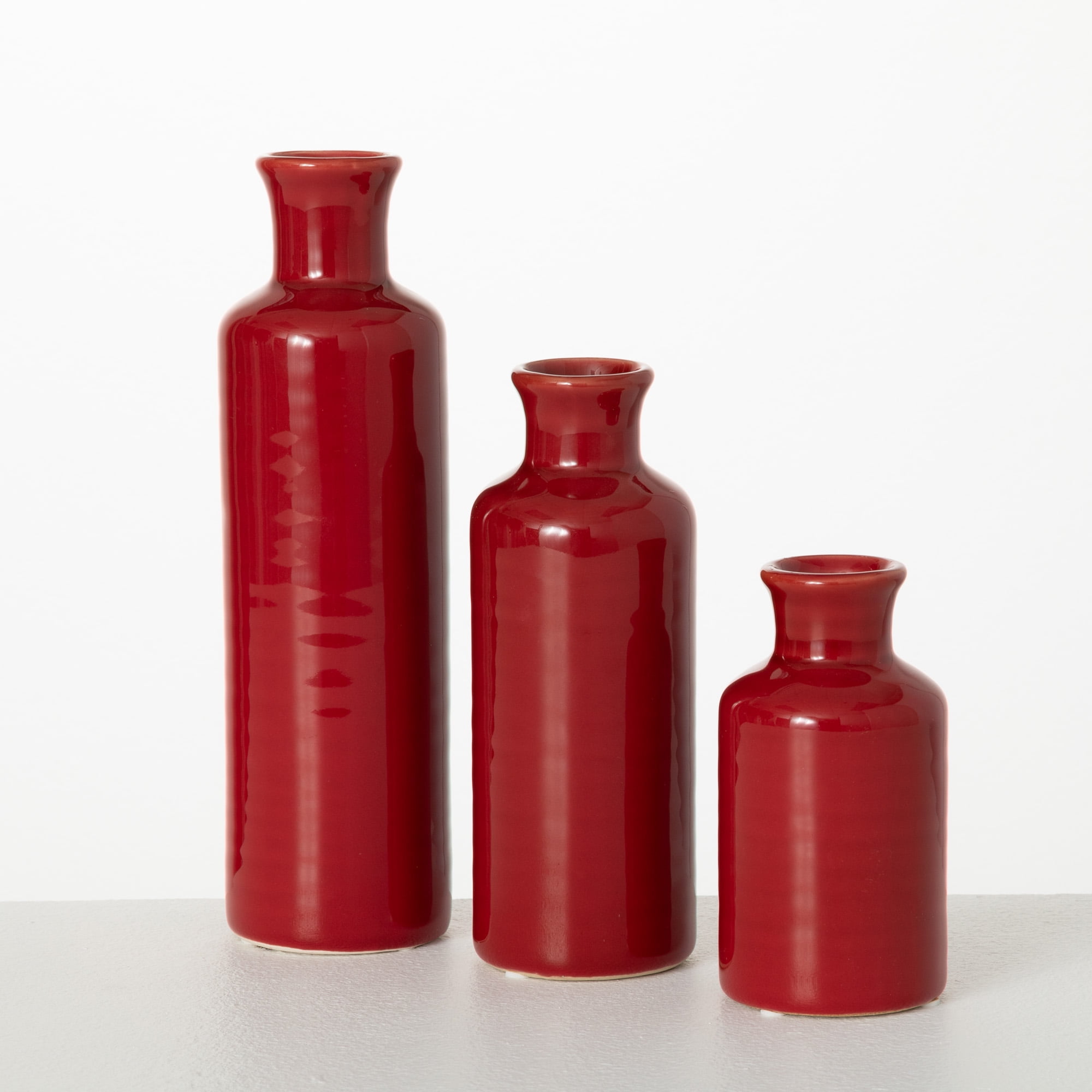 Sullivans Set of 3 Small Ceramic Bottle Vases 5"H, 7.5"H & 10"H Red -