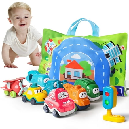 8 PCS Baby Cranes Car Toys with Playmat/Storage Bag|1st Birthday Gifts for Toddler Toy Age 1-2|Baby Toy for 1 2 Year Old Boy|Gift for Infant Boy Girl 12 18 Months