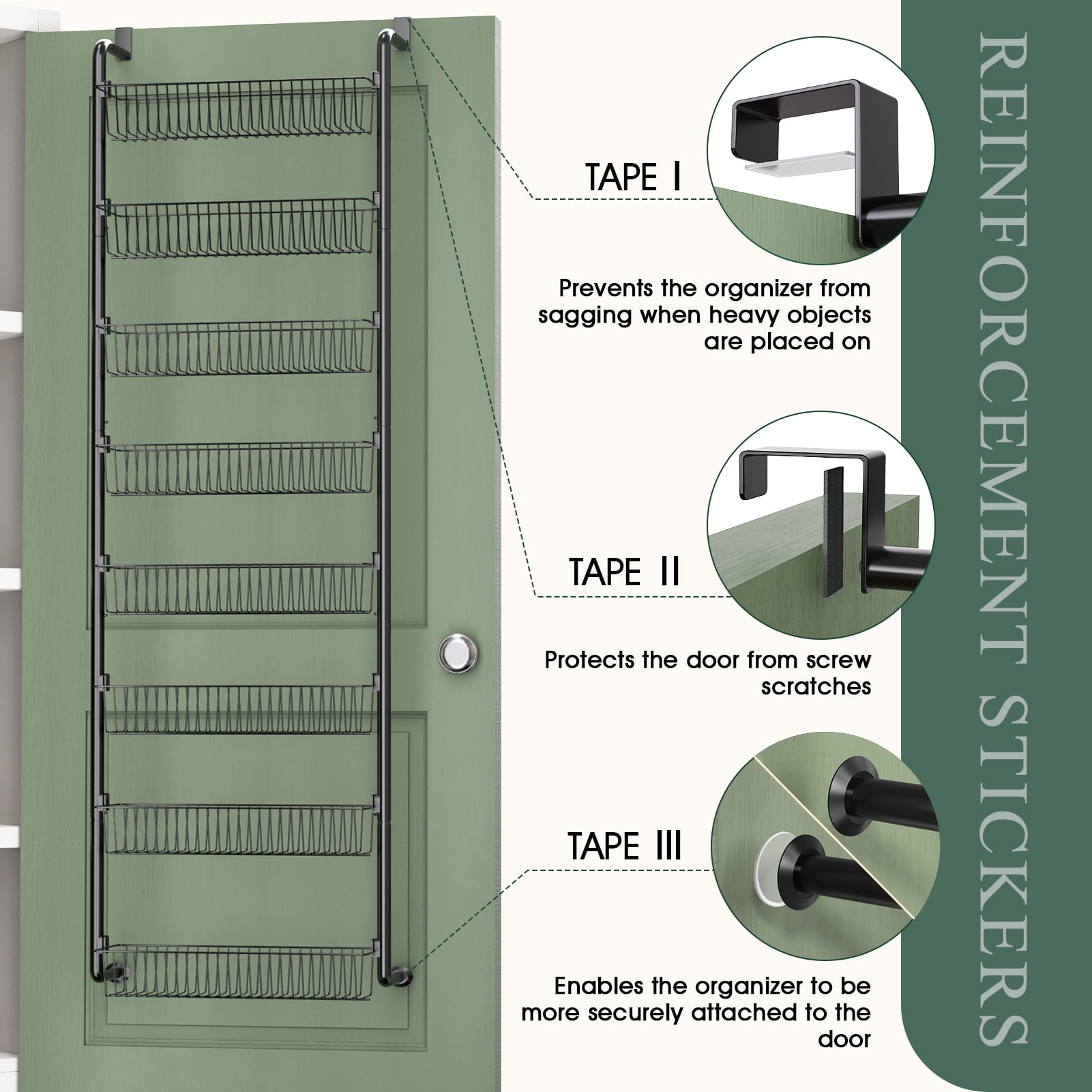 Yeabett 8-Tier Over the Door Pantry Organizer, Larger Baskets Metal Pantry Organization and Storage, Door Back Hanging Space Saver for Kitchen, Laundry, Bathroom, Black
