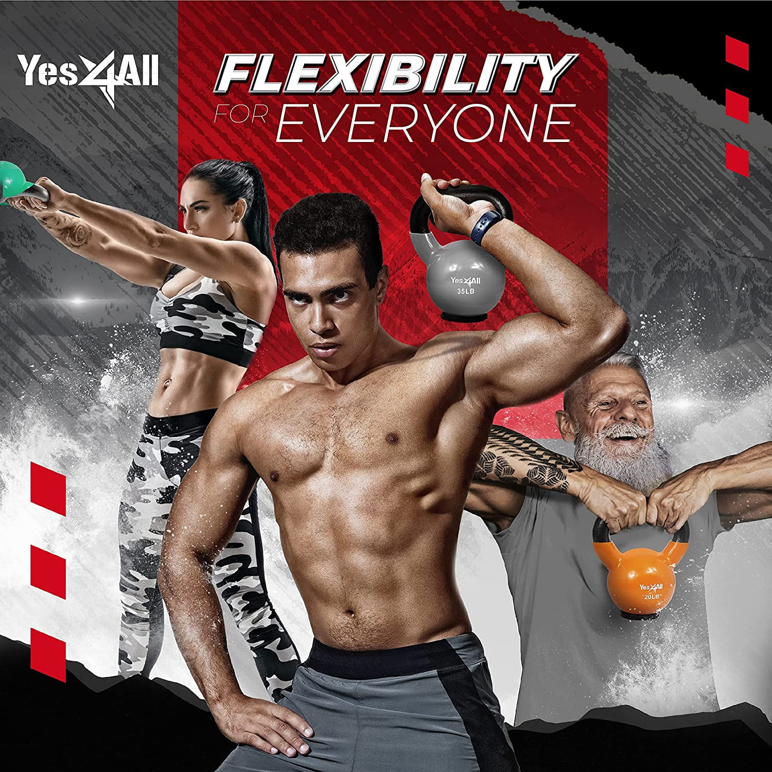 Yes4All 30lb Vinyl Coated / PVC Kettlebell with Rubber Base, Red, Single