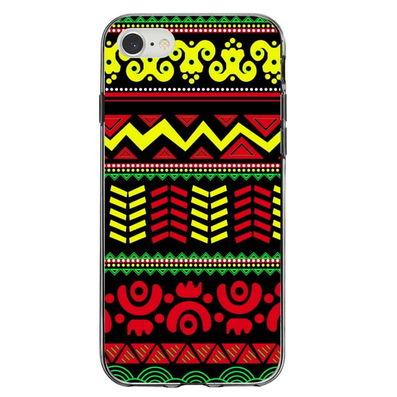 DistinctInk Clear Shockproof Hybrid Case for iPhone 7 8 SE (2020 Model) 4.7" Screen TPU Bumper Acrylic Back Tempered Glass Screen Protector - Black Yellow Red Aztec Tribal
