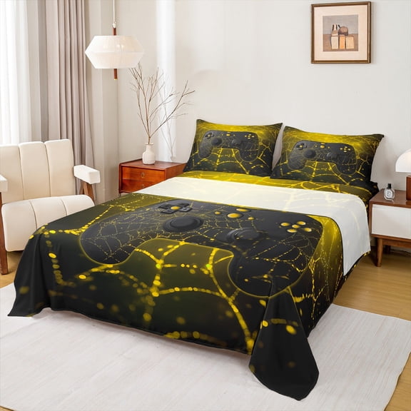 Manfei Boys Girls Video Game Twin Sheet Sets 3pcs,Abstract Gamepads Twin Fitted Sheet Microfiber,Gothic Spider Web Breathable Flat Sheet,Luxury Bedroom Decor