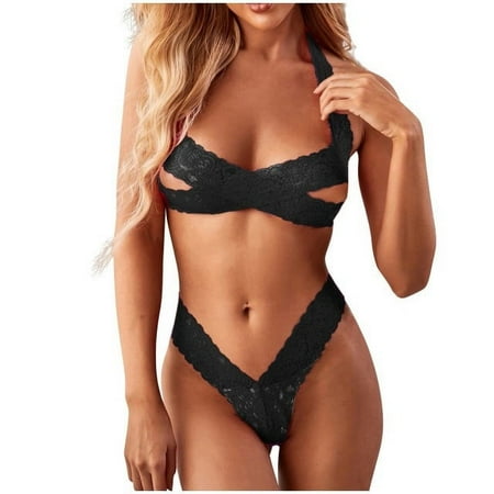 XMMSWDLA Lingerie for Women Sexy bra and Panty Set Lace Bodysuit Sleepwear Lingerie corset Bodysuit Black