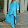 thumbnail image 2 of Atogsazn Two Piece Matching Sets for Women Summer Cotton Linen Outfits Sets Long Sleeve Loose Tops And Long Pants Tracksuits Suit Blue XXL, 2 of 7