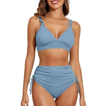 Hogloyecr Women s Two Piece Cross Back Top High Waist Bottom Bikini Set Bathing SwimsuitsSky BlueS