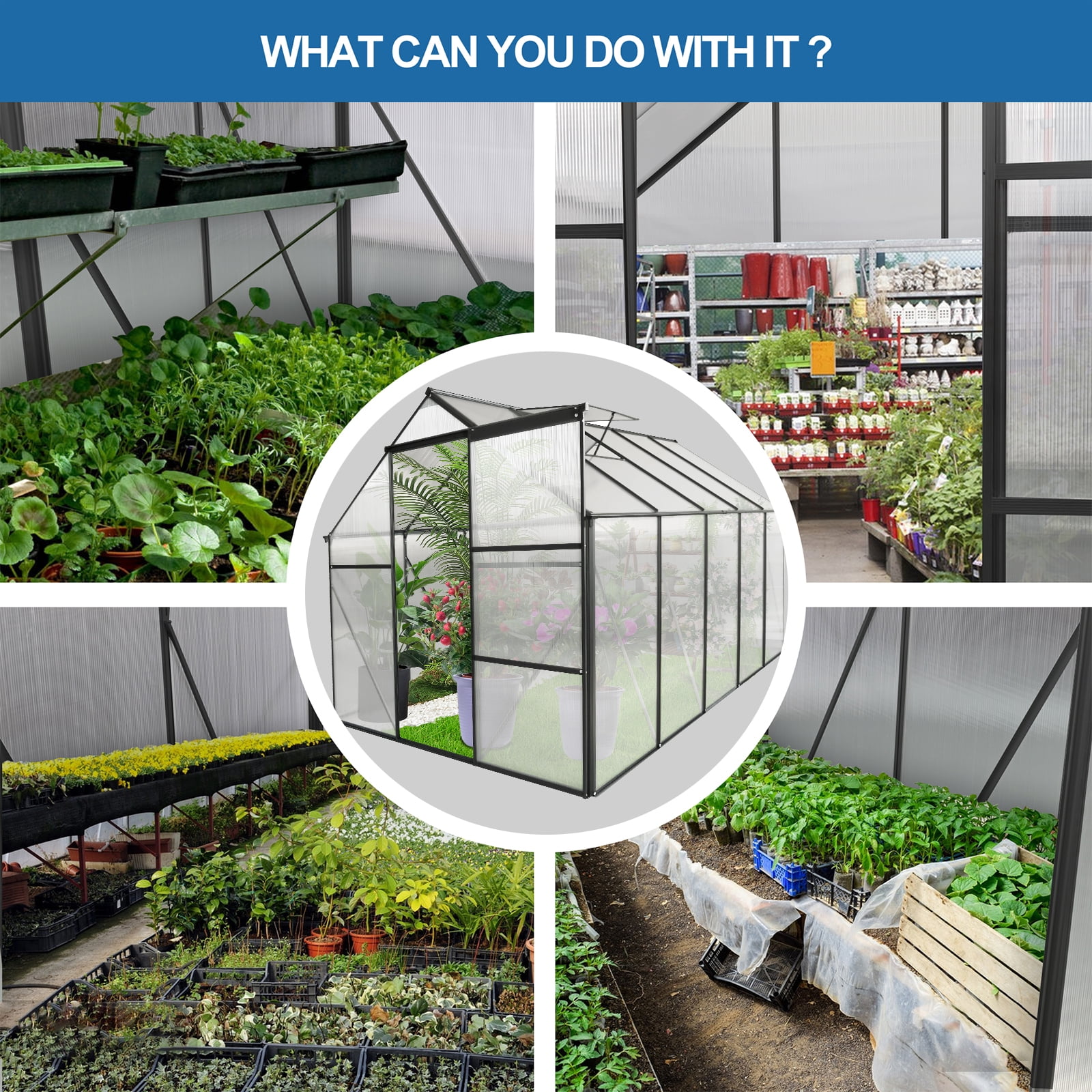 YANSHE 6x10 FT Walk-in Greenhouses, Polycarbonate Greenhouse With Drainage System, Galvanized Base, Sliding Door, Adjustable Roof For Outdoor Backyard