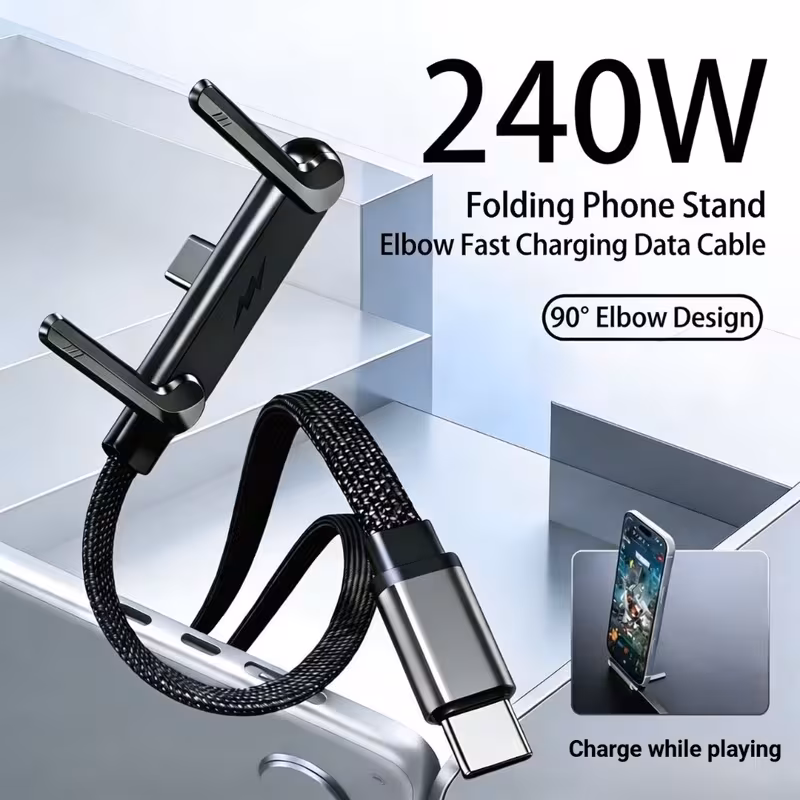 MAX 240W Foldable Stand & Dual Type-C Fast Charging Cable, Right-Angle Braided Cord with Phone Stand, USB Data Sync