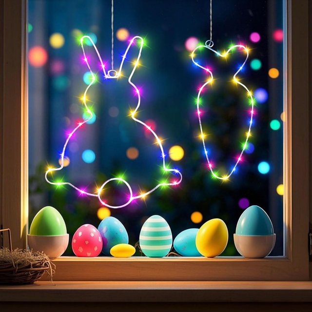 HeeHom 2 Pack Easter Window Lights Decor – LED Bunny and Carrot Silhouette String Lights with Timer, Battery Operated Weatherproof Decor for Indoor/Outdoor Spring & Easter