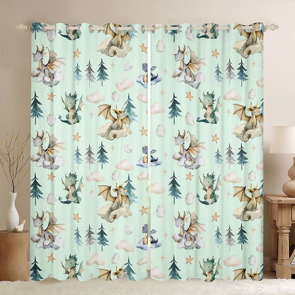Feelyou Magic Dragon Teens Black Out Curtains, Kawaii Dino Animal Green Curtains Pack of 2 (42x63 Each), Cartoon Cloud Stars Bedroom Curtains, Blackout Curtains Bedroom Decor