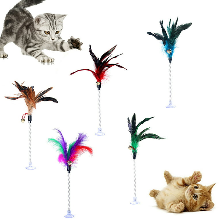 Besufy Cat Toy,Funny Pet Feather Bell Spring Suction Cup Elastic Playing  Interactive Toy 