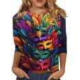 thumbnail image 3 of Hogleaql Women's Mardi Gras Tops 3/4 Sleeve Crew Neck Loose Tops Carnival Mask Prints Pullover Dressy Relaxed Fit Shirts Casual Blouses Yellow S, 3 of 6