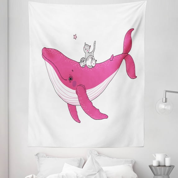 Cartoon Tapestry, 3 Little Grey Kitten on Big Fish Aquatic Star Magic Animal Underwater Theme, Fabric Wall Hanging Decor for Bedroom Living Room Dorm, 5 Sizes, Pink, by Ambesonne