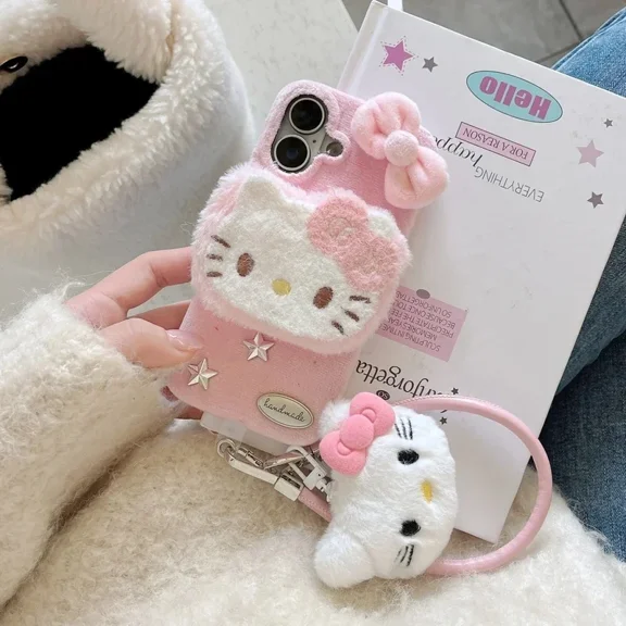 3D Cute Cartoon Furry Plush Soft Phone Case For iPhone 16 15 14 13 12 Pro Max Winter Warm Cover With Lanyard