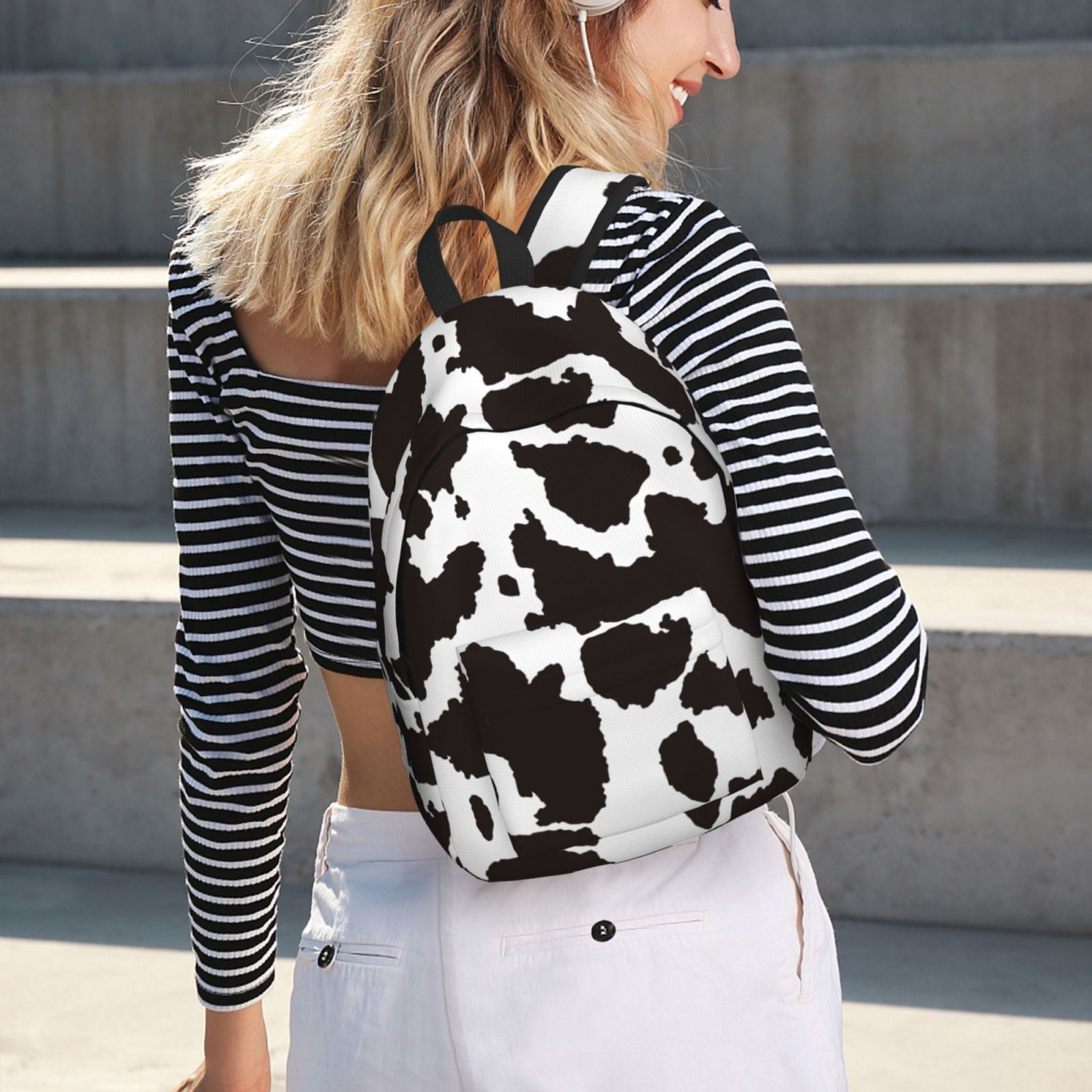 Picia Cow Skin 2 Printed Canvas Daypack - Stylish and Durable Vintage Compact Backpack - Class, Work, Travel, or Laptop Bookbag,Organized Compartments-Medium