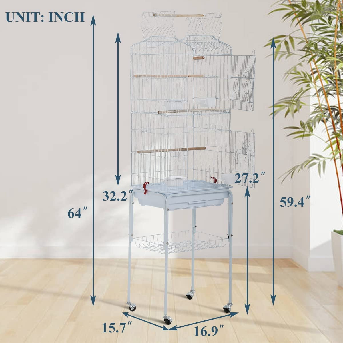 Bird Cage with Stand Parrot Cages for Large Birds Parakeet Cage with Play Top & Rolling Stand for Medium Canaries, Lovebirds, Cockatiels, Parrots, White