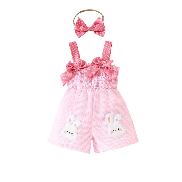 Odeerbi 6M-3Y Niñas de Verano Algodón Sudadera Arco Conejo Bordado Camisola Romper Con Banda de Cabeza Conjunto Combinados Pantalones Cortos En General