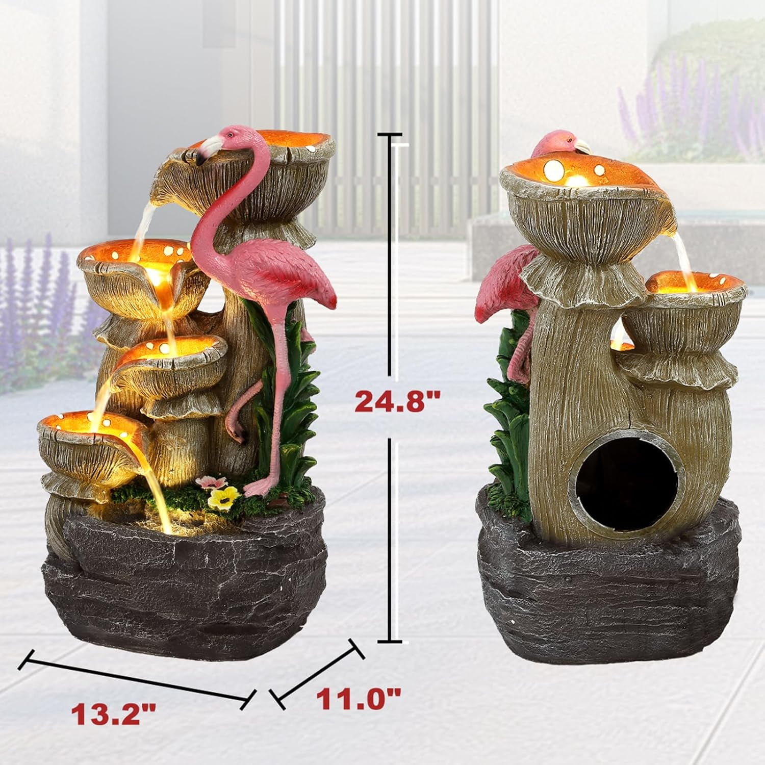 5 Tier Outdoor Garden Water Fountain, 25" H Waterfall Fountain with 5 LED Lights and Pump, Floor Standing Cascading Resin Fountains for Indoor and Patio Garden, Modern Flamingo Fountains, Pink