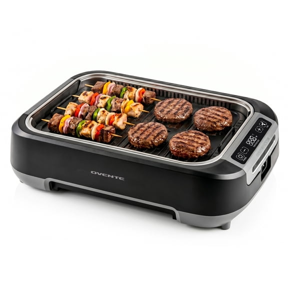 OVENTE Smokeless Indoor Grill, 1500W Non Stick Coating Plate, Black SGR85B | Korean BBQ Grill with One-Touch Control, Smart Display, Tempered Glass Lid, Two Removable Plate and Dishwasher Safe Plates