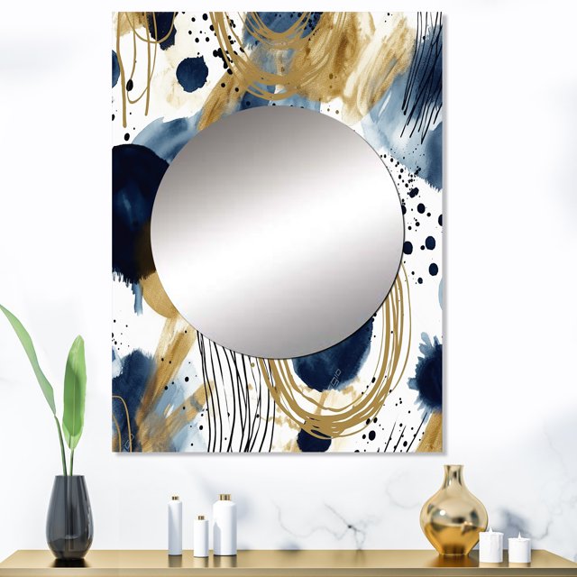 Designart "Abstract Pattern with Blue and Golden Textures IV" Abstract Mirror Wall Decor - Modern Blue Abstract Mirror Wall Art For Bathroom - 40" x 30" Inch