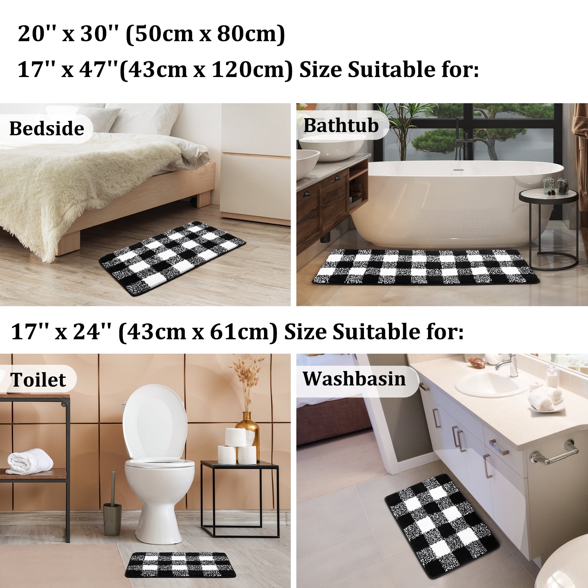 REGALWOVEN Microfiber Plaid Bathroom Rugs, 2 Pcs Extra Soft Fluffy Absorbent Bath Rug Black & White 17"x24"&17"x47"
