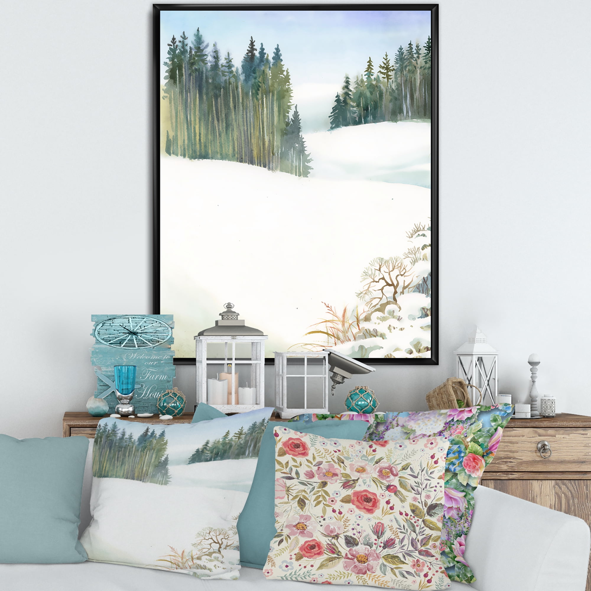 Designart 'Pine Forest In Snowy Winter Mountains' Traditional Framed Canvas Wall Art Print