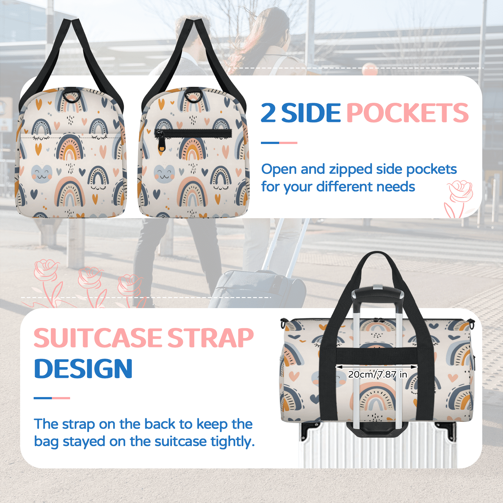 Herdesigns Rainbow Pattern Gym Bag for Women, Duffle Bag for Travel Sport, Lightweight Waterproof Carry on Weekender Overnight Dance Yoga Workout Bags