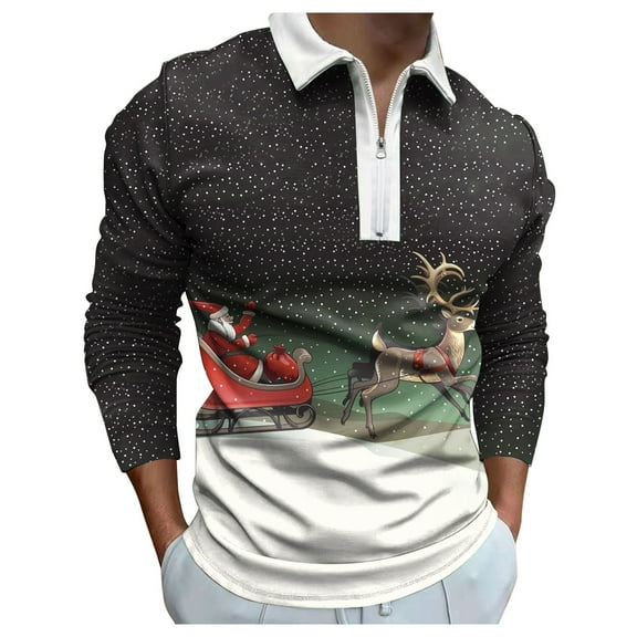 Rggeeun Men's Long Sleeve Polo Shirts Male Christmas Fashion Leisure Comfortable 3D Printing Holiday Lapel Half Zipper Shirt Tops Golf Shirts For Men