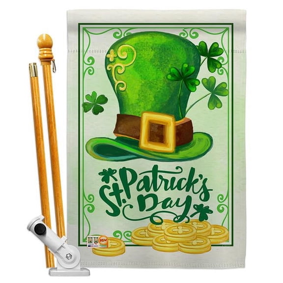 Breeze Decor BD-SA-HS-102033-IP-BO-D-US17-BD 28 x 40 in. Vertical Lucky Hat St Pat Day Spring Patrick Impressions Decorative Double Sided House Flag Set with Pole & Bracket Hardware