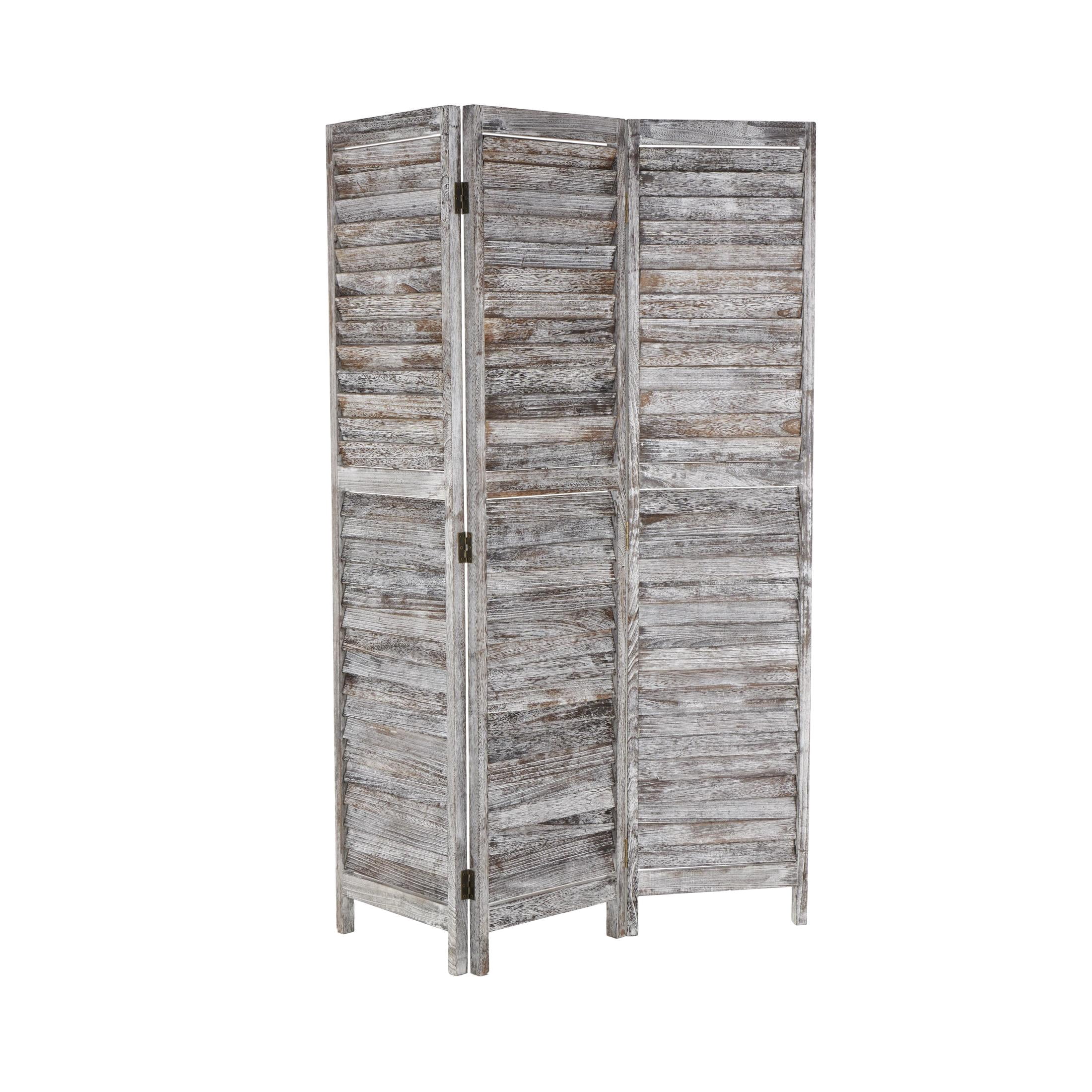 DecMode 48" x 67" Gray Wood Distressed Shutter Top 3 Panel Room Divider Screen with Brown Accents, 1-Piece