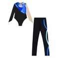 thumbnail image 4 of YEAHDOR Kids Girls Gymnastics Fitness Outfit Long Sleeve Metallic Leotard with Stripes Pants Jogging Skating Suit Royal Blue 16, 4 of 5