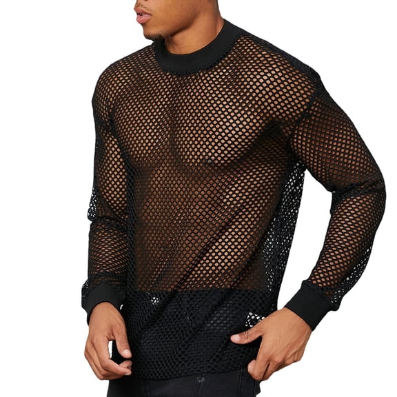 Bibifish Mens T-Shirts See Through Mesh Breathable Material Tee Tops Long Sleeve Drop Shoulder Fitness Tees