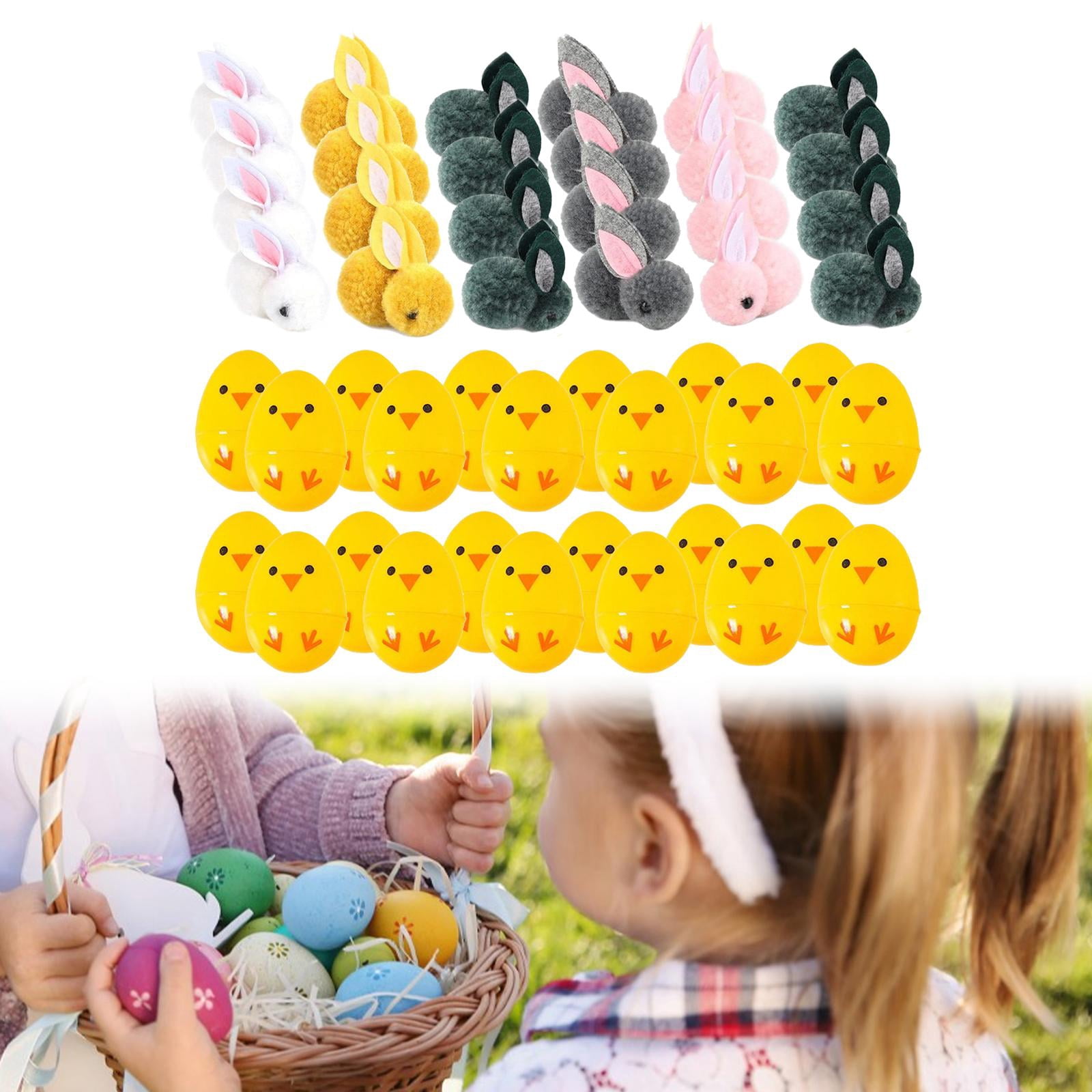 balikha 24Pcs Filled Easter Eggs Basket Stuffers with Stuffed Bunny Dolls Decorative Awards Party Supplies Mini Stuffed Rabbits Dolls