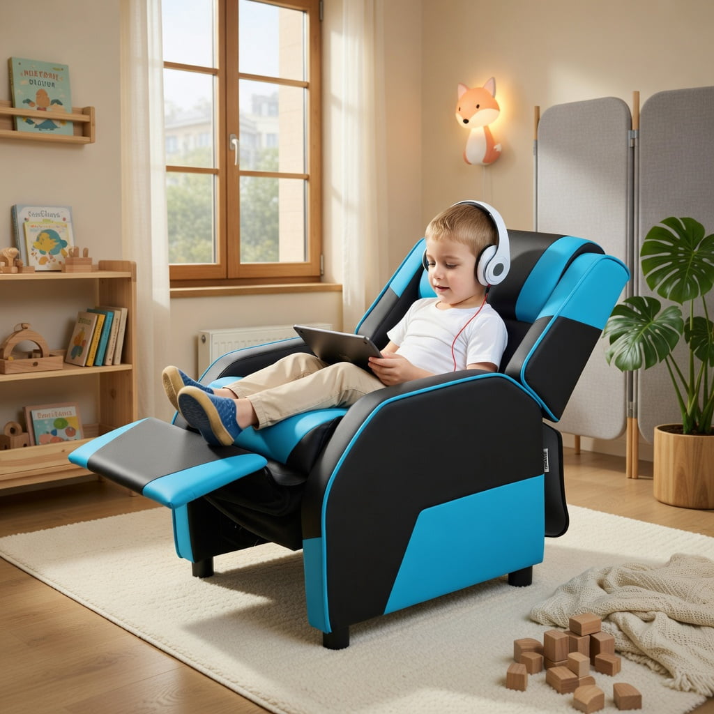 Barara King Kids PU Leather Recliner Chair with Headrest and Footrest, Kids Gaming Sofa Recliner Chair for Living Room, Bedroom, Blue