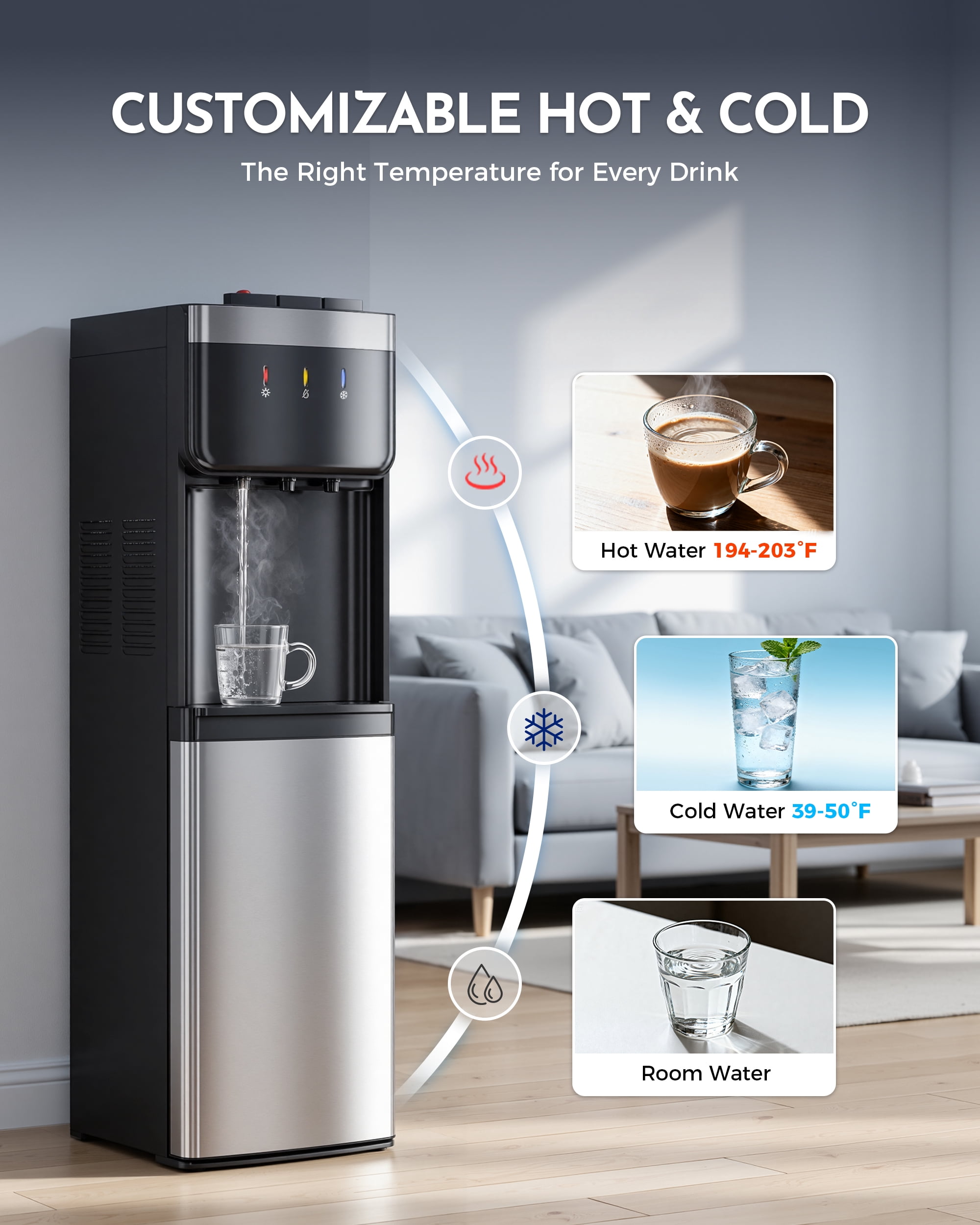 UrbanSync Bottom Loading Water Dispenser with Compressor Cooling, No Heavy Lifting 3-5 Gallon, Hot, Cold & Room, Child Safety Lock, Stainless Steel Body, New