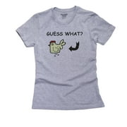 Angle View: Guess What? Chicken Butt - Funny Cartoon Chicken Joke Women's Cotton Grey T-Shirt