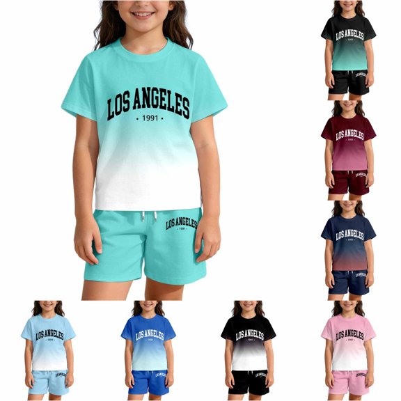 Gradient Letter Print Summer Outfits For Kids Boys And Girls Casual Two Piece Set Girls Casual Outfit Sets