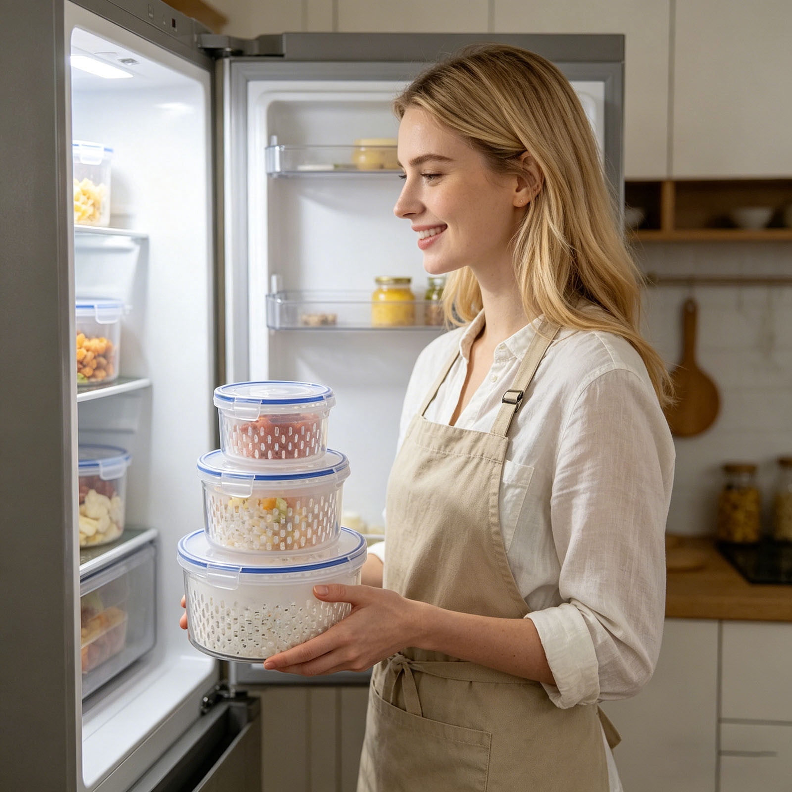 Food Storage Containers 4-in-1 Fridge Fruit and Vegetable Container with Removable Colander Airtight Lids Stackable Clear Produce Keepers for Washing Draining and Storing Berries Greens