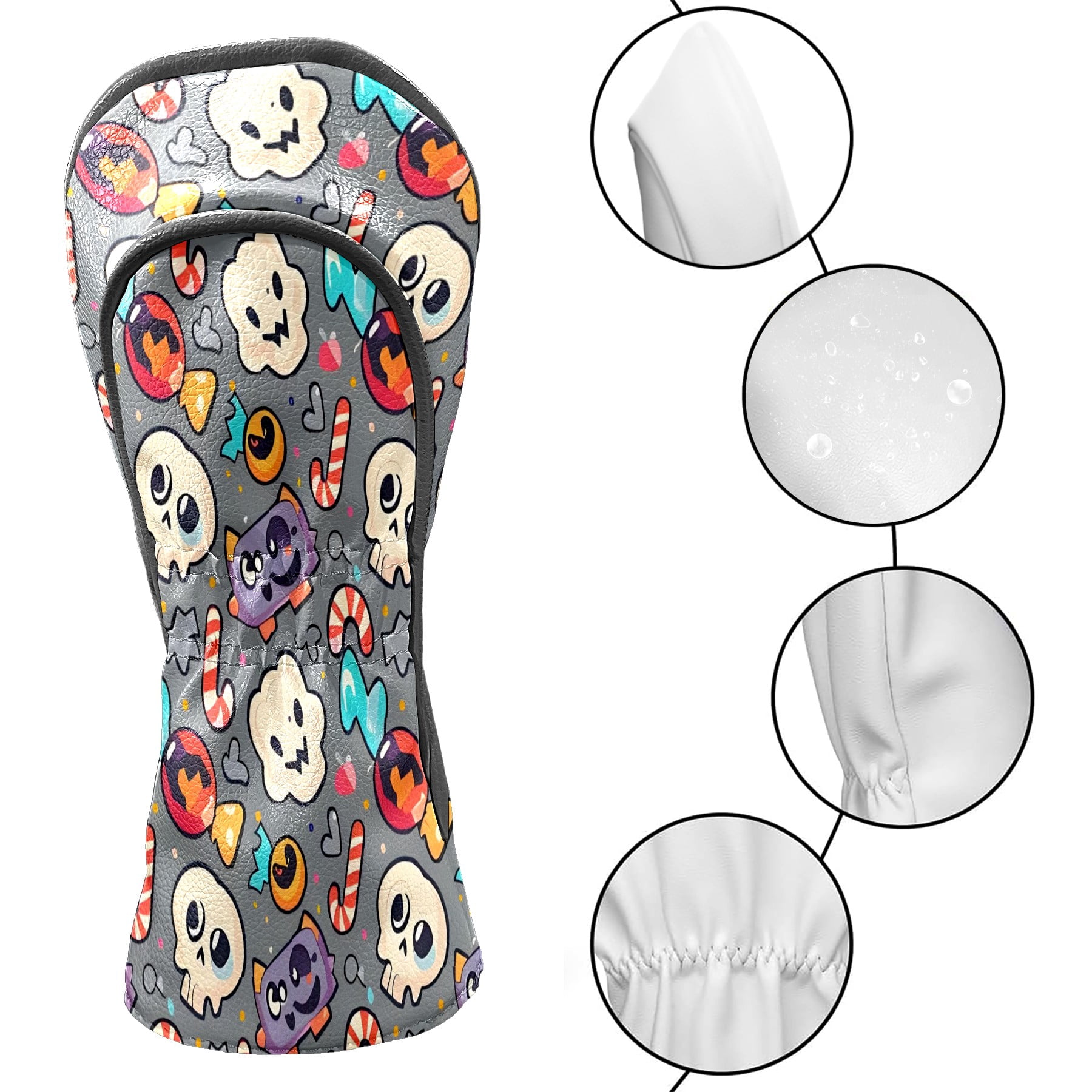 Golf Club Covers, Gray SkullCandy Premium PU Leather Driver Hybrid Putter Head Covers with Velvet Lining, Waterproof Golf Gifts for Men Women