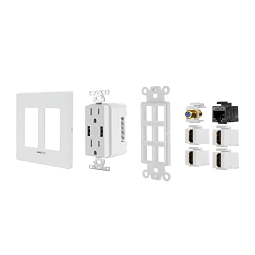premium media wall outlet | dual 4.2a usb-a 2.0 outlet - 15a dual powe en negro, componentes alineados: placa de pared con dos aberturas, receptáculo doble con dos tomacorrientes NEMA y dos puertos USB-A 4.2A, marco de montaje y cuatro módulos keystone para HDMI/AV/CAT6; a menudo usado para centralizar conexiones AV en montajes de pared.