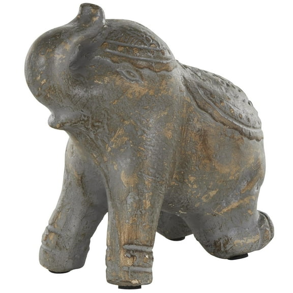 10" x 10" Dark Gray Paper Mache Handmade Distressed Carved Elephant Sculpture with Wood Inspired Accents, by DecMode