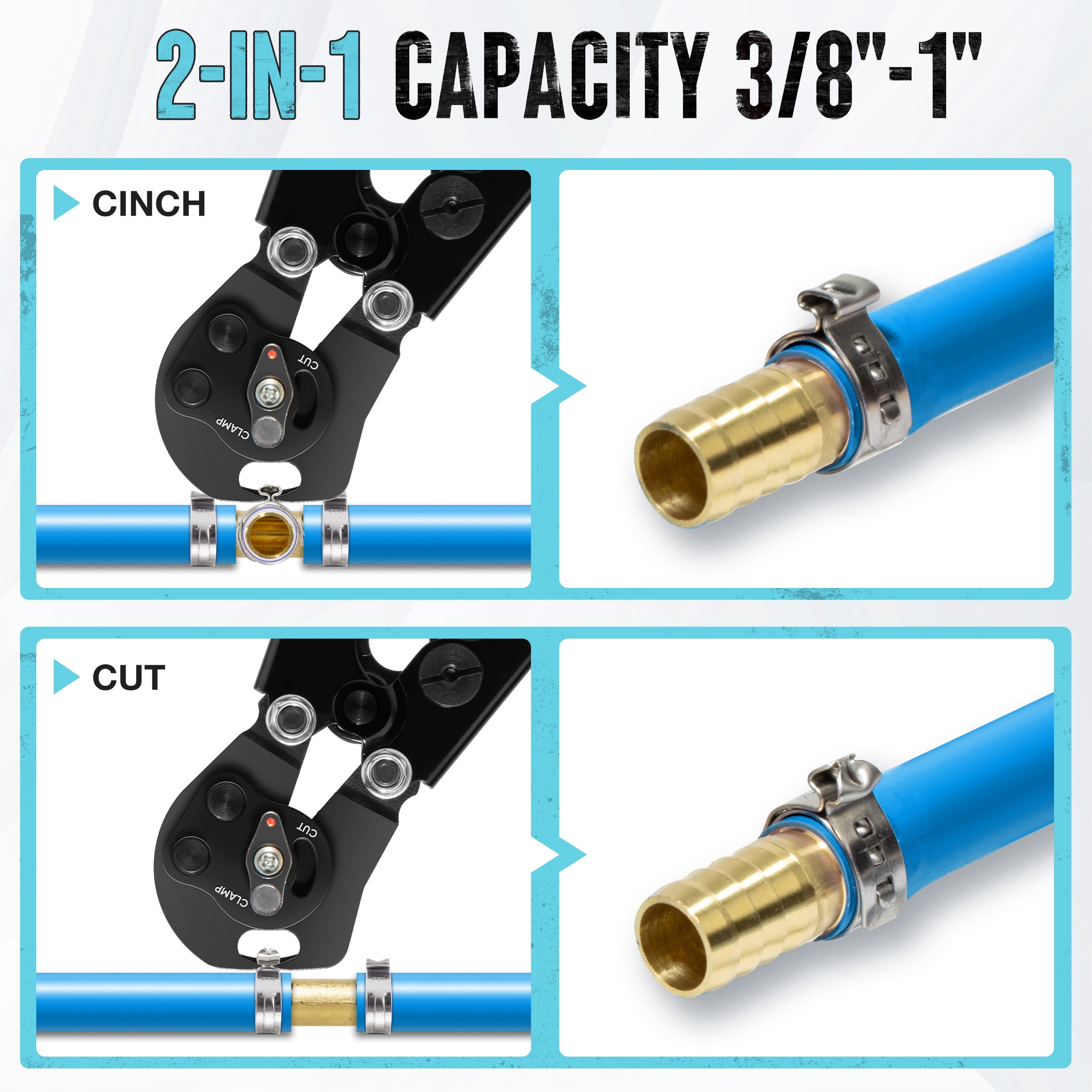 SHALL 2 IN 1 Ratchet Pex Crimping Tool, Cinch & Remove Pex Crimp Tool Kit for 3/8" to 1", Pex Crimper with Pipe Cutter and Stainless Steel Clamps Including 1/2" 20PCS , 3/4" 10PCS with Storage Bag