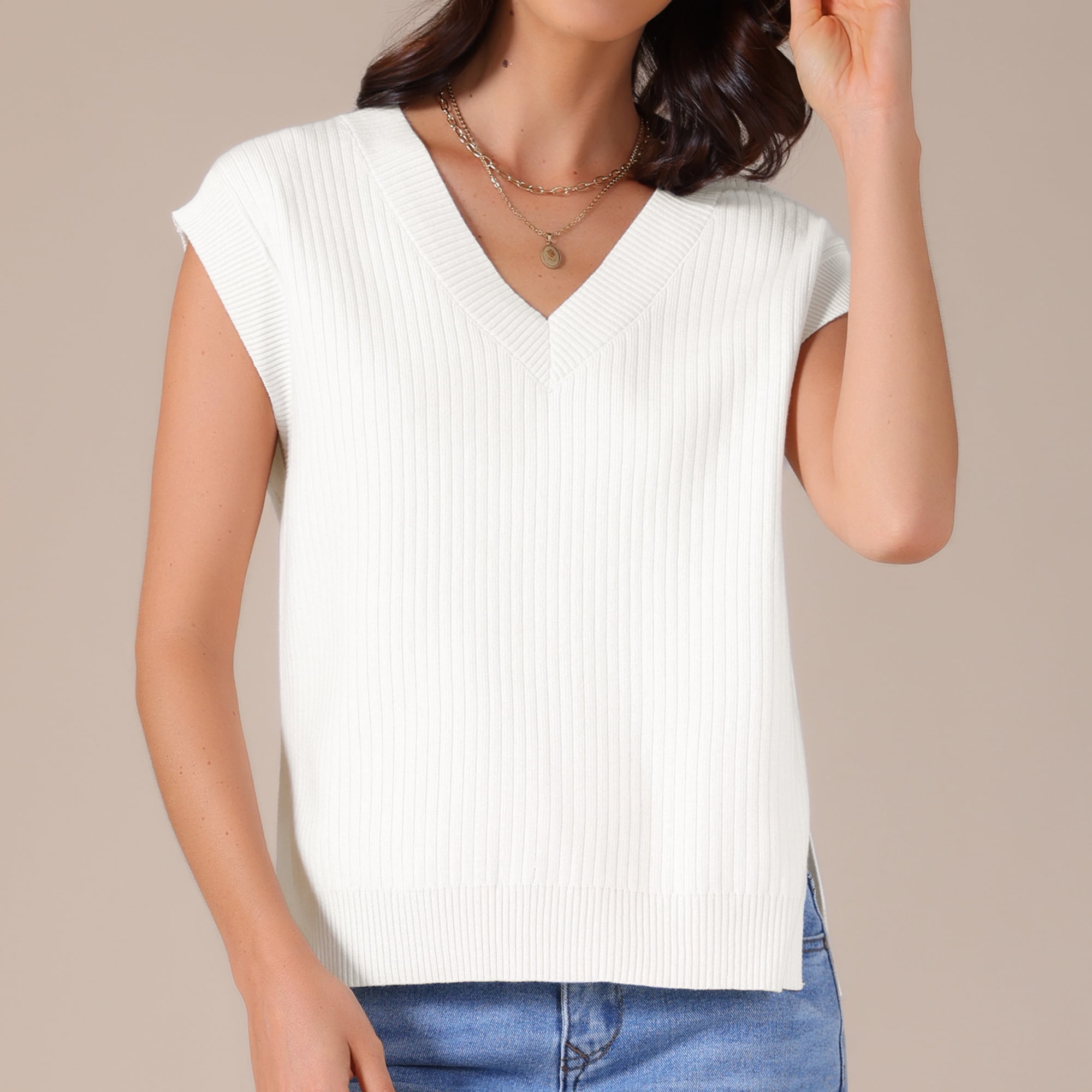 DARING DIVA Women's V Neck Ribbed Knit Sleeveless Pullover Sweater Vest L White