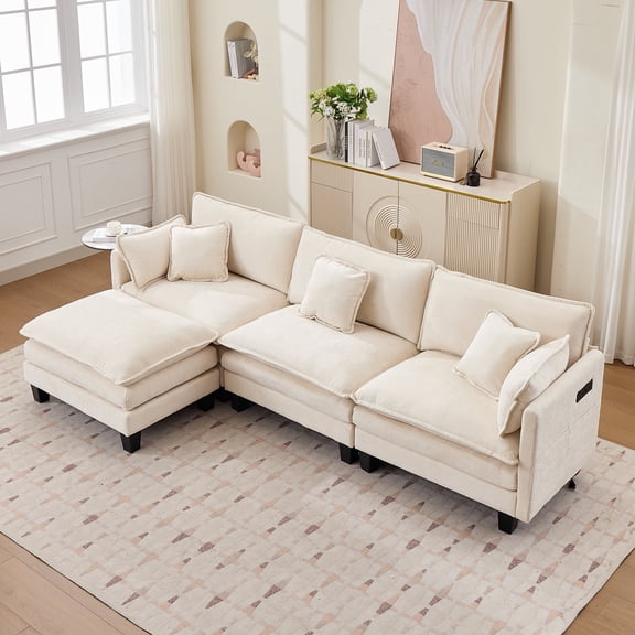 Modular Sectional Sofa with Movable Ottoman, 110" 4-Seat Modern Couches for Living Room, Comfy L Shaped Couch Set with Deep Seat for Office and Apartment, Beige Chenille Fabric