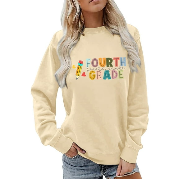 Holzkary First Day of School Teacher Shirts for Women Sweatshirt for Women First Day of School Teacher's Outfit Graphic Sweatshirt Oversized Long Sleeve Hoodies 2025 Pullover Tops with Pockets Beige L