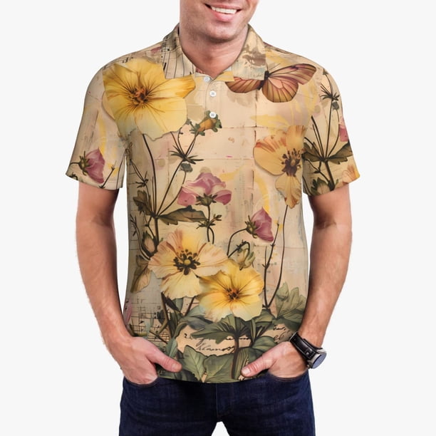 Fotbe Vintage Floral Butterfly Collage Camiseta Polo de Golf para Hombre con Estampado – Camisa Deportiva Transpirable con Cuello Abotonado-3X-Large