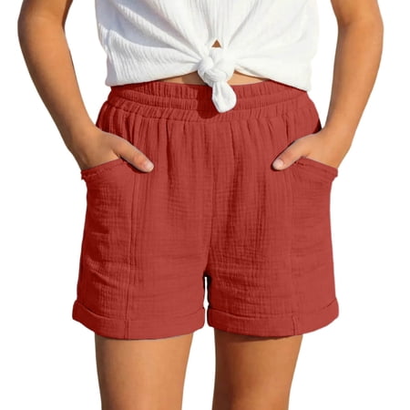 FINALGANG Girls Kids Casual Shorts Solid Color Elastic High Waist Patch Pocket Lightweight Breathable Summer Shorts For Daily Wear Red 12-13 Years