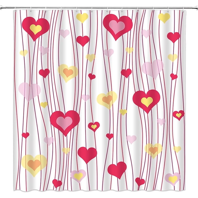 Cortina de ducha para caravana con diseño de corazón, color rojo, rosa y amarillo, a rayas, geométrica, dulce amor, romántica, para mujer y niña, para baño, con ganchos, 91 cm de ancho x 182 cm de