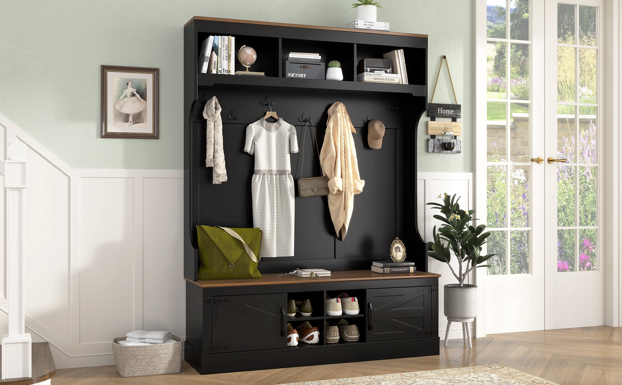 Mintazer 71''H Farmhouse Hall Tree with Bench and Shoe Storage, 5-in-1 Entryway Storage Organizer Cabinet with Coat Rack,4 Shoe Cubbies & 7 Hooks for Hallway, Living Room, Black